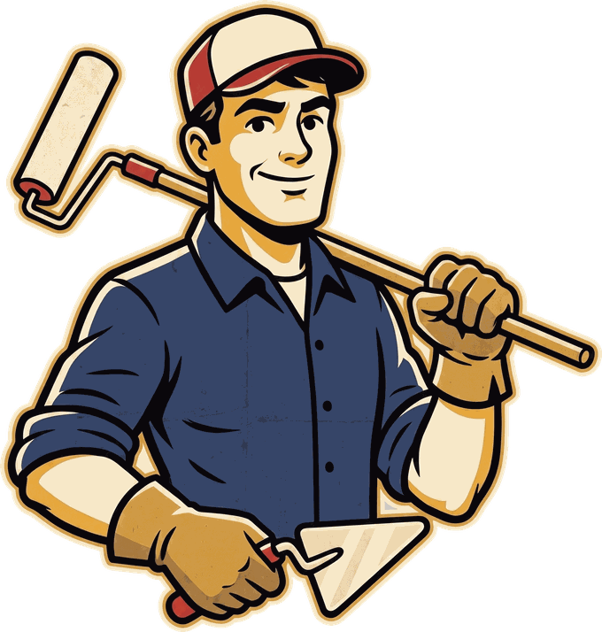 Illustrated North State tradesman carrying a paint roller and a trowel