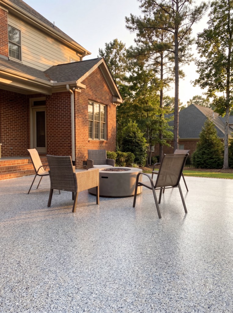 Coated patio with a flake finish, fire pit and seating outside a brick house