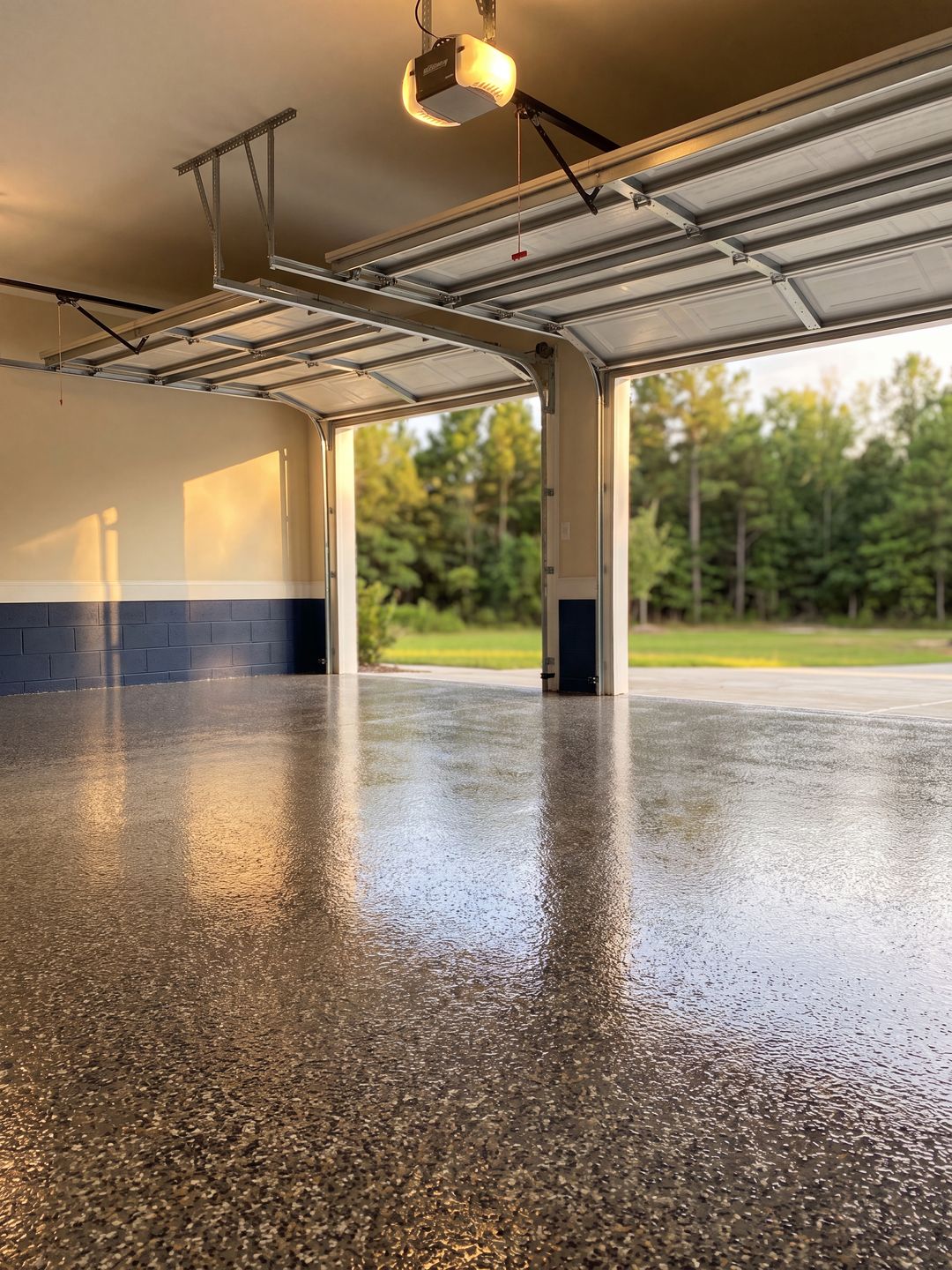 Finished two-car garage with a charcoal and tan flake floor under a gloss top coat, both doors open to the yard